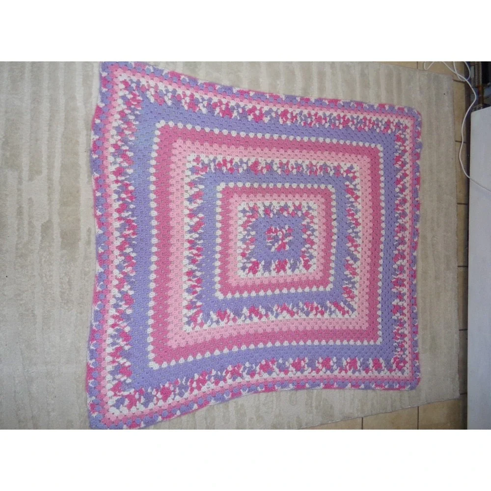Hand Crochet Granny Square Blanket Afghan Throw Hot Pink Fuschia Purple 56x50